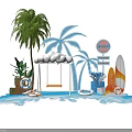Beach Leisure Scene With Palm Tree Swing Surfboard And Blue Ocean View