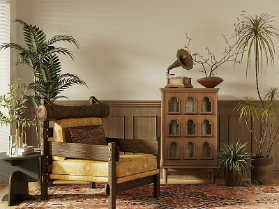 Leisure Chair With Yellow Cushion Wooden Frame And Green Plants In Cozy Living Room 3d model