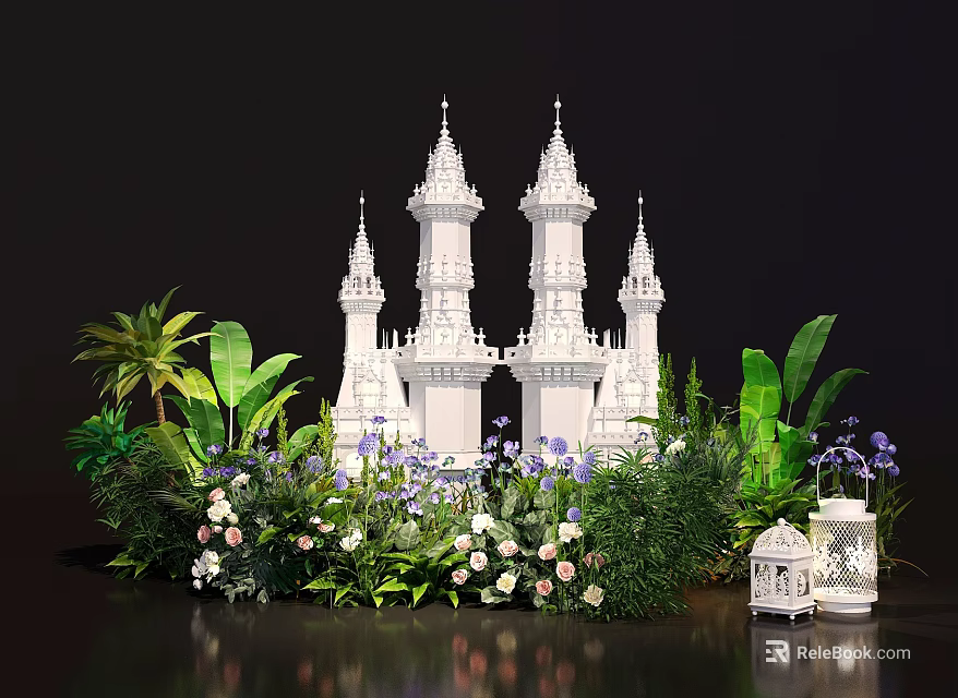 Lush Green Plant Wall Featuring Palm Leaves White Castle Model And Flowers With White Lanterns 3d model 