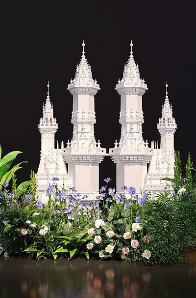 Lush Green Plant Wall Featuring Palm Leaves White Castle Model And Flowers With White Lanterns 3d model