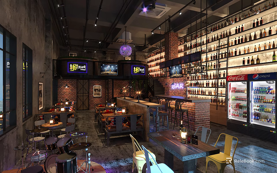 Modern Industrial Bar Interior With Brick Walls Wine Shelves And Neon Signs 3d model 