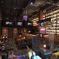 Modern Industrial Bar Interior With Brick Walls Wine Shelves And Neon Signs