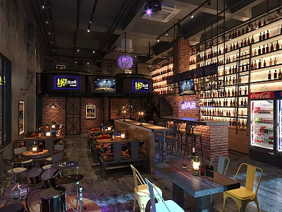 Modern Industrial Bar Interior With Brick Walls Wine Shelves And Neon Signs 3d model