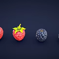 Fresh Ripe Blueberries and Raspberries Arranged Neatly in a Row on Dark Background