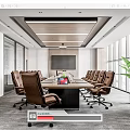 Modern Conference Room Interior With Long Table Brown Leather Chairs And Floor to Ceiling Windows