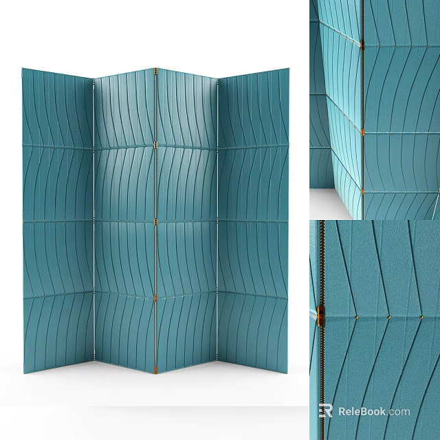 Modern Blue Foldable Screen With Wavy Textured Panels And Gold Details 3d model 