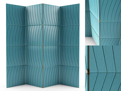 Modern Blue Foldable Screen With Wavy Textured Panels And Gold Details 3d model