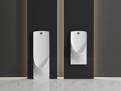 White Urinals Installed On Dark Walls With Light Marble Flooring 3d model