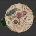 Round Wooden Outdoor Table Decorated With Green Leaf Shaped Stools Pink Flower Mug And Plates