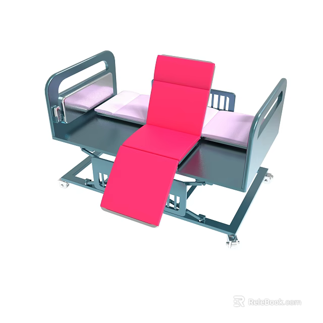 Adjustable Medical Bed Featuring Pink Mattress Gray Frame Rolling Wheels And Backrest 3d model 