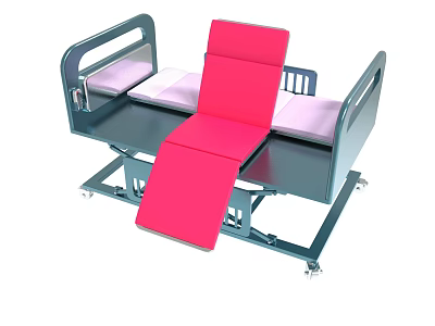 Adjustable Medical Bed Featuring Pink Mattress Gray Frame Rolling Wheels And Backrest 3d model