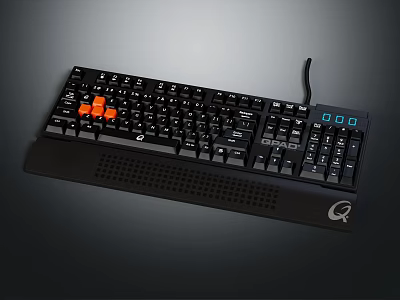 Black Wired Keyboard Featuring Orange Accent Keys Numeric Keypad LED Display And Perforated Base 3d model