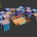 Colorful Cartoon Neighborhood Scene With Various Colored Houses And Basketball Court