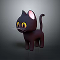 Cartoon Black Cat Standing with Big Yellow Eyes Pink Ears White Whiskers on Gray Background 3d model