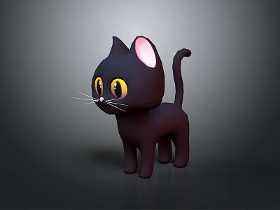 Cartoon Black Cat Standing with Big Yellow Eyes Pink Ears White Whiskers on Gray Background 3d model
