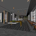 Modern Restaurant Interior With Stylish Dining Tables Chairs Hanging Lights And Patterned Floor 3d model