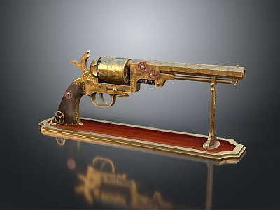 Golden Decorative Revolver on Red Wooden Display Stand with Intricate Design Elements 3d model