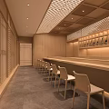 Japanese Style Restaurant With Wooden Bar Counter Wine Rack High Chairs And Lattice Ceiling