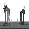 Cartoon Scene Featuring Two Large Futuristic Metal Arch Towers With Antennas And Platforms