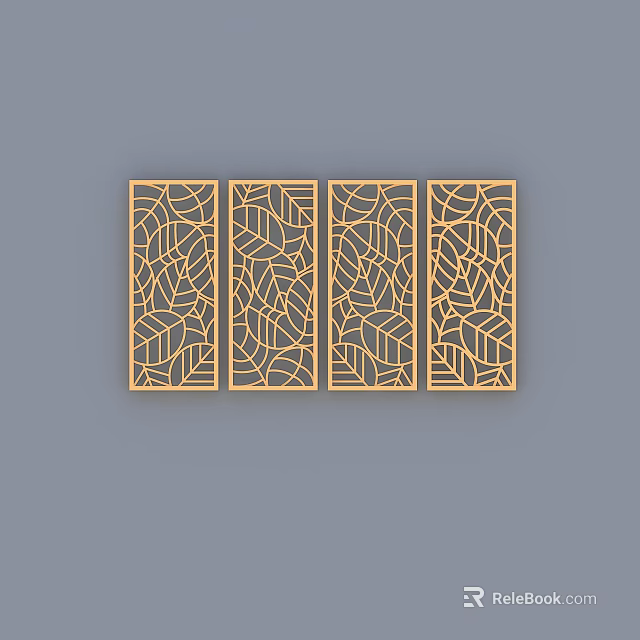 Golden Four Panel Partition With Geometric Hollow Design For Interior Decor 3d model 