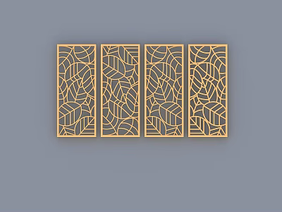 Golden Four Panel Partition With Geometric Hollow Design For Interior Decor 3d model