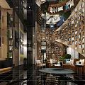 Modern Shop Front Desk Area With Wooden Reception Counter Bookshelves Sofa And Green Plants
