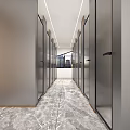 Modern Public Restroom Interior With Multiple Stalls Marble Flooring Long Corridor And Lighting