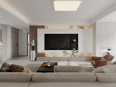 Modern Living and Dining Room Interior With Beige Sofa TV Wall And Green Plants 3d model
