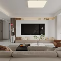 Modern Living and Dining Room Interior With Beige Sofa TV Wall And Green Plants