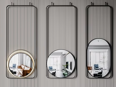 Modern Round Wall Mirrors With Different Frame Styles Reflecting Interior Spaces On Striped Wall 3d model