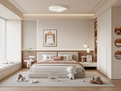 Kids Room Design With Bed Pillows Teddy Bear Animal Painting Rug Toys And Natural Light 3d model