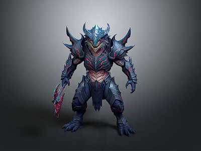 Man Wearing Dark Blue Spiked Armor With Red Accents Holding Sharp Blade 3d model