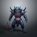 Man Wearing Dark Blue Spiked Armor With Red Accents Holding Sharp Blade