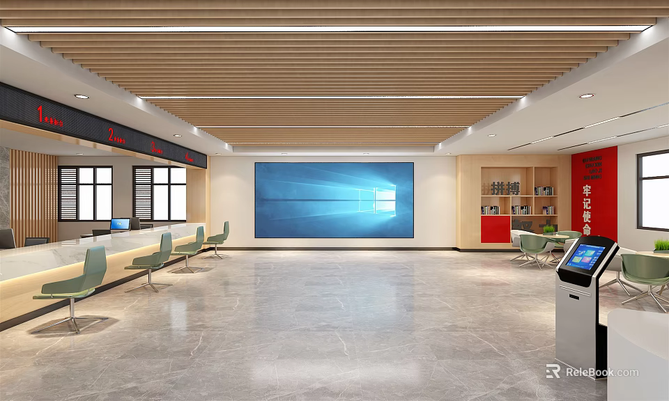 Modern Spacious Service Hall Interior With Comfortable Seats Large Screen And Self-service Terminals 3d model 
