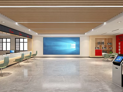Modern Spacious Service Hall Interior With Comfortable Seats Large Screen And Self-service Terminals 3d model