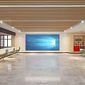 Modern Spacious Service Hall Interior With Comfortable Seats Large Screen And Self-service Terminals