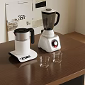 Wooden Kitchen Counter With Electric Kettle Blender Two Glasses And Decorative Posters