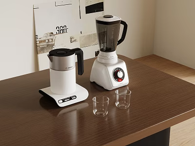 Wooden Kitchen Counter With Electric Kettle Blender Two Glasses And Decorative Posters 3d model