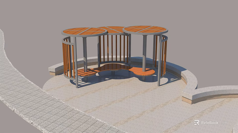 Modern Circular Pavilion With Wooden Roof Pillars And Seats On Paved Ground 3d model 