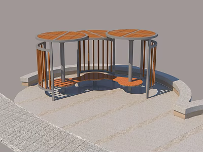 Modern Circular Pavilion With Wooden Roof Pillars And Seats On Paved Ground 3d model