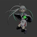Game Movie Character Black Silhouette with Long Twin Ponytails Green Glowing Lines Bow Tie Running
