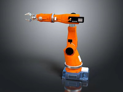 Orange Robotic Arm Game Movie Character With Silver Claw Black Control Panel And Blue Base 3d model