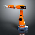 Orange Robotic Arm Game Movie Character With Silver Claw Black Control Panel And Blue Base
