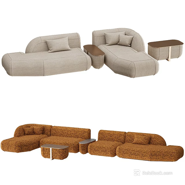 Modern Beige Brown Textured Fabric Sectional Sofa With Small Coffee Tables 3d model