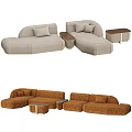 Modern Beige Brown Textured Fabric Sectional Sofa With Small Coffee Tables 3d model