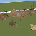 Unique Garden Structures On Lush Green Grass With Thatch Roofs Circular Designs And Spiral Stairs