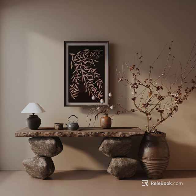 Entryway Cabinet Sideboard With Framed Bamboo Leaves Art Table Lamp Teapot Stone Base And Branches 3d model 
