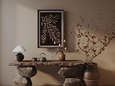 Entryway Cabinet Sideboard With Framed Bamboo Leaves Art Table Lamp Teapot Stone Base And Branches 3d model