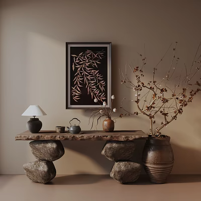 Entryway Cabinet Sideboard With Framed Bamboo Leaves Art Table Lamp Teapot Stone Base And Branches 3d model
