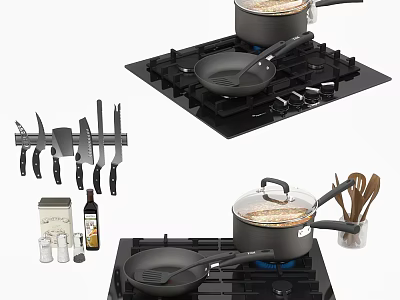 Cooking Utensils Set with Frying Pans Saucepan Lid Knives and Spice Bottles on Gas Stove 3d model